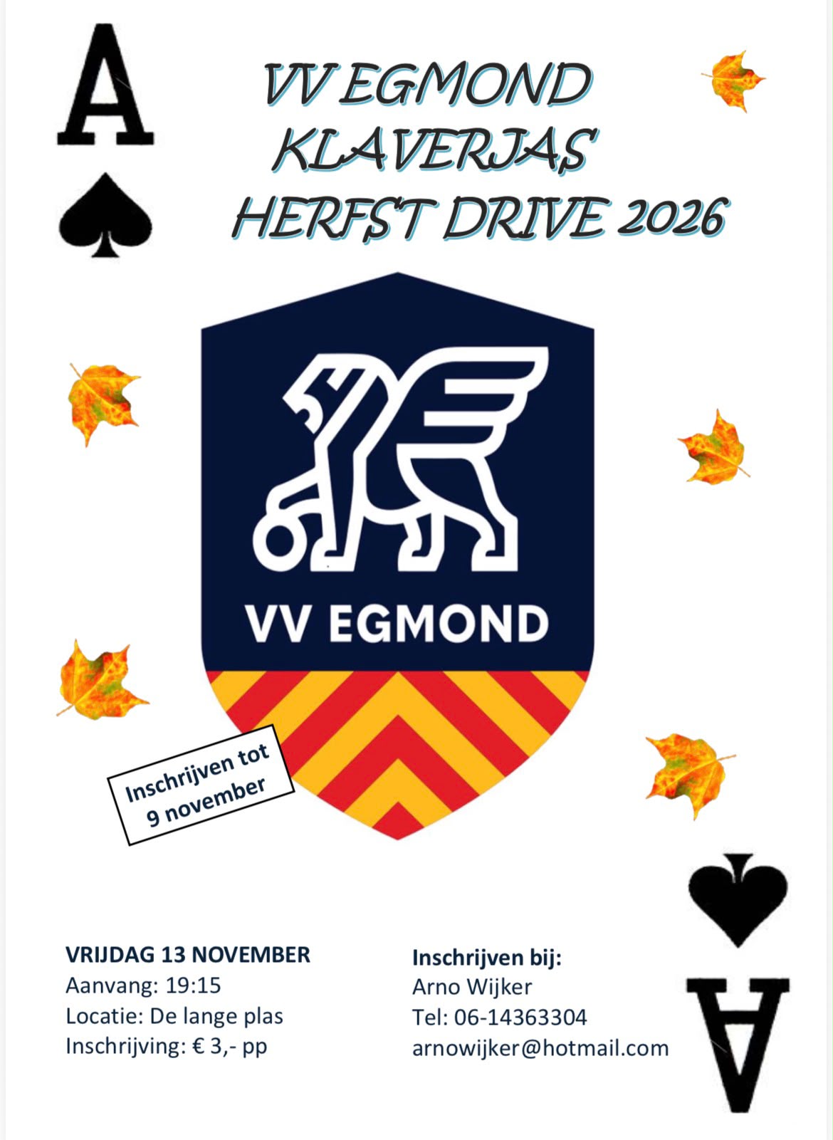 Klaverjas Herfstdrive op 13 november op de Lange Plas