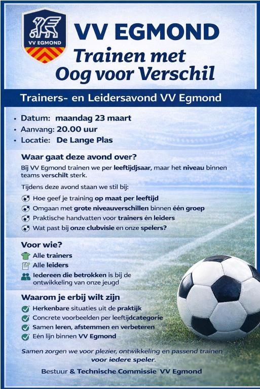 Trainers- en Leidersavond maandag 23 maart 20:00 uur op de Lange Plas